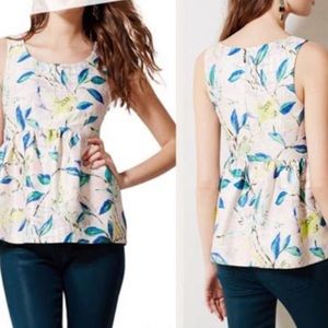Anthropologie leifsdottir bird floral print peplum metallic top yellow pink
